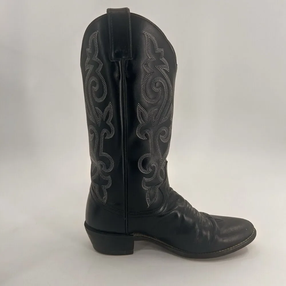 Justin Cowboy Boots 8.5 D Black Leather Western Scroll Stitch 1409 Pointed Toe